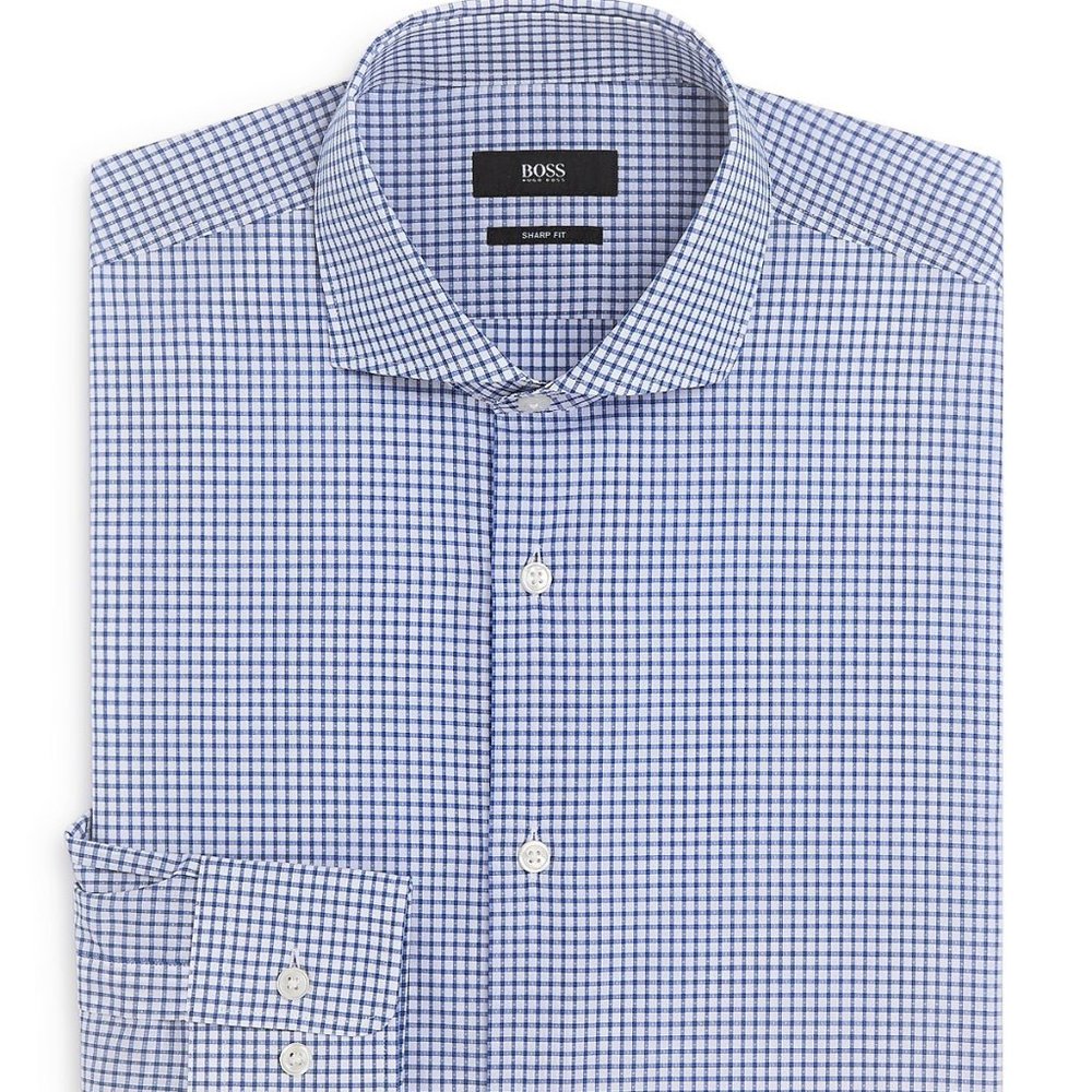 Hugo Boss Men's 'Mark' Blue Sharp Fit Gingham Textured Dress Shirt 15.5L, 34/35